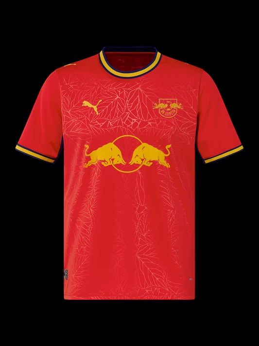 Kitted Up RB Leipzig 2026/2027 away football shirt in red with yellow accents and subtle leaf pattern detail