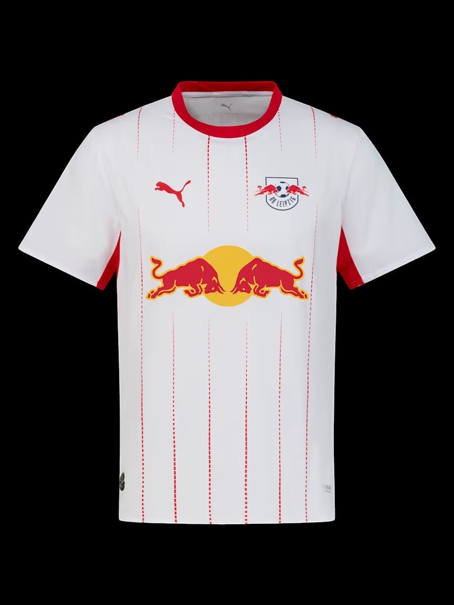 Kitted Up RB Leipzig 2026/2027 home jersey in white with red accents, featuring the club crest and sponsor logo.