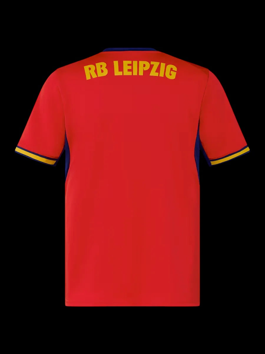 Back view of Kitted Up RB Leipzig 2026/2027 kids away jersey in red with yellow lettering and navy blue accents.