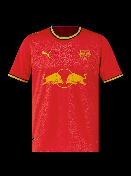 Kitted Up RB Leipzig 2026/2027 kids away jersey in red with yellow accents and a subtle leaf pattern design