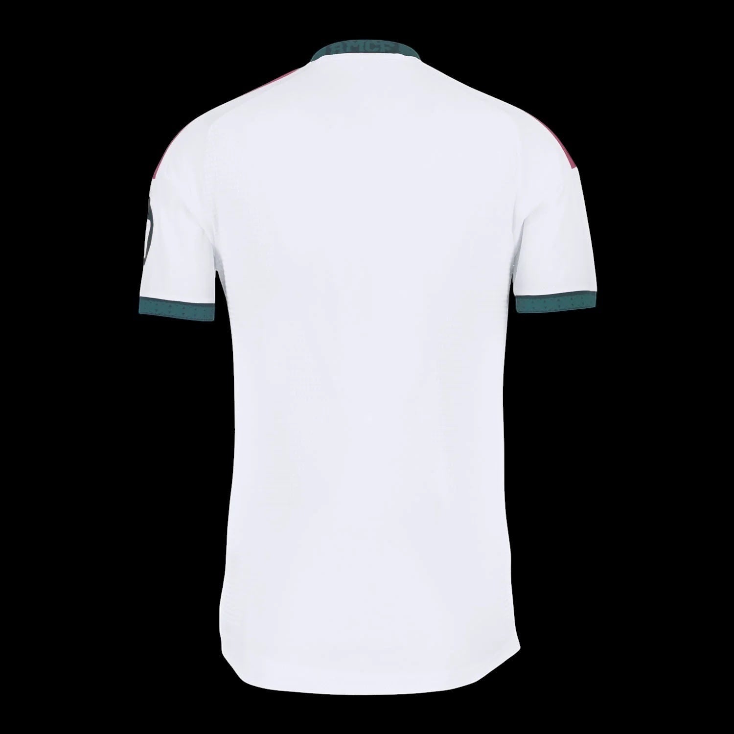 Back view of the white Kitted Up Real Madrid 2026/2027 home jersey featuring dark green trim on collar and sleeves.