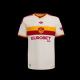 Kitted Up Roma 2026/2027 away football jersey in cream with red and yellow chest stripe and sponsor logo