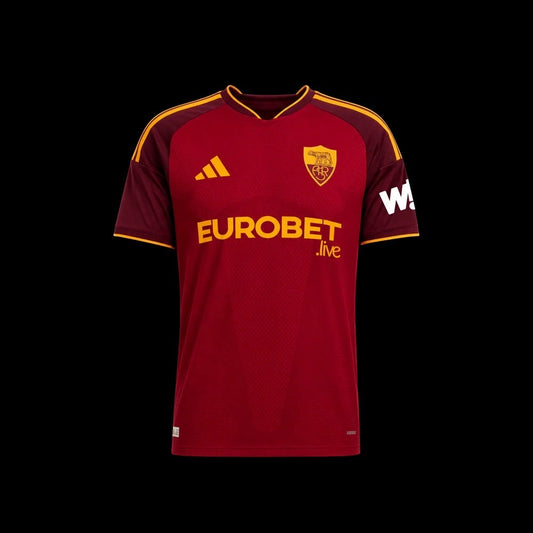 Kitted Up Roma 2026/2027 home football jersey in dark red with yellow accents and sponsor logos
