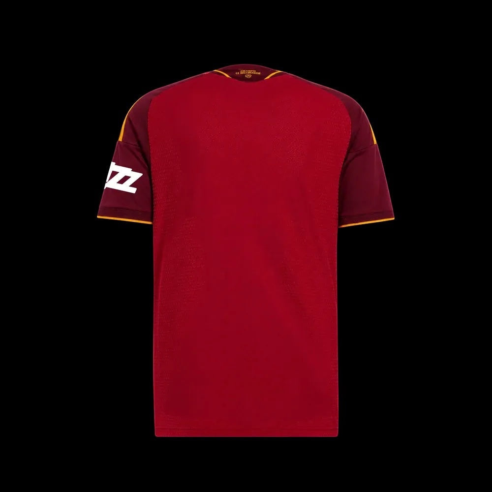 Back view of the Kitted Up Roma 2026/2027 adult home football jersey in dark red with gold trim and sleeve logo