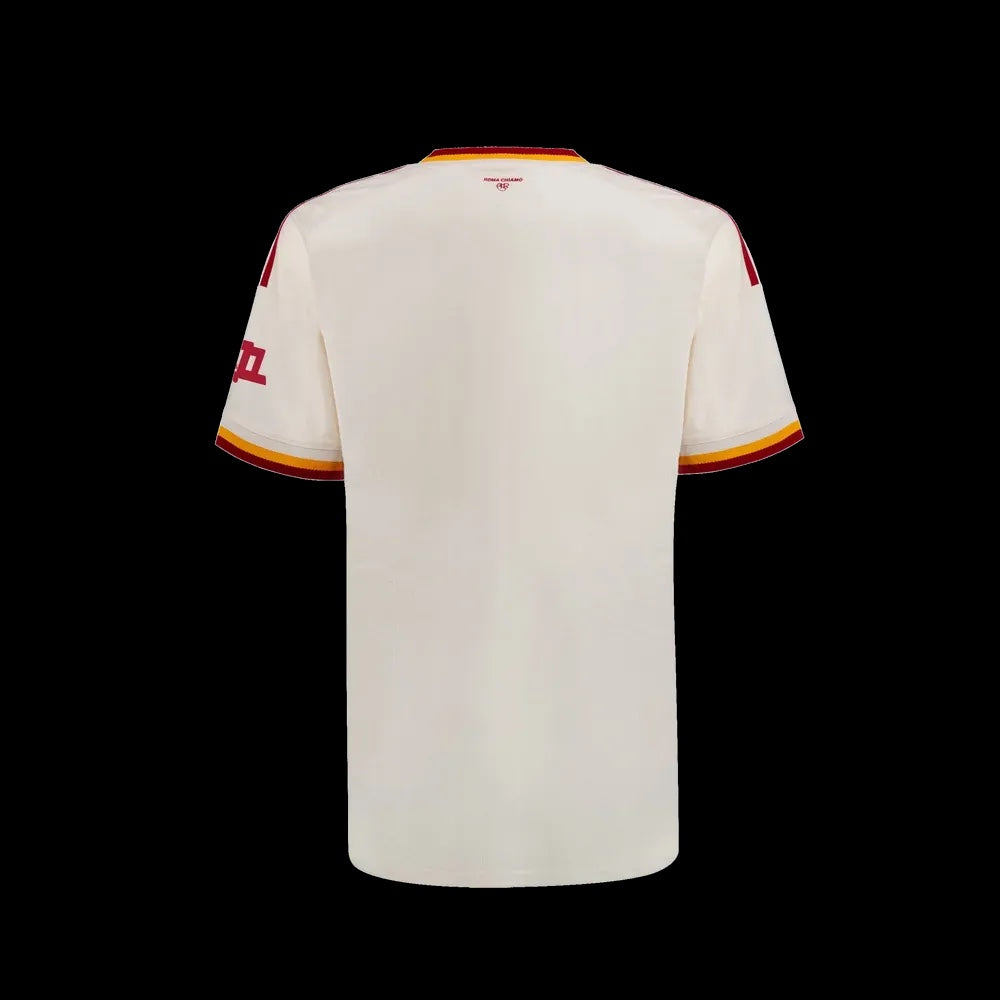 Kitted Up Roma 2026/2027 kids away football jersey in off-white with red and yellow sleeve trim, back view.
