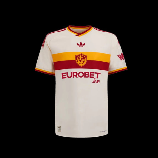 Kitted Up Roma 2026/2027 kids away football jersey in off-white with yellow and red chest stripe and logo details