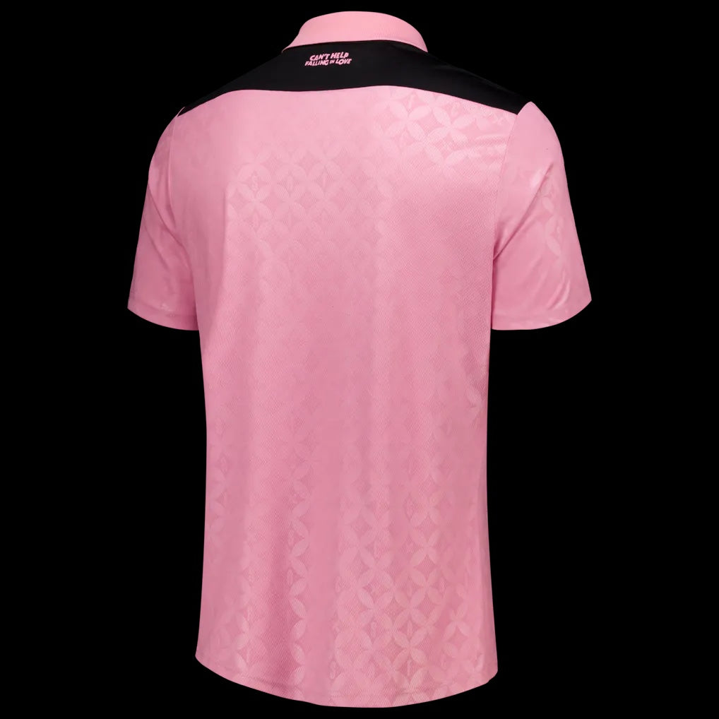 Back view of Kitted Up Sunderland 2026/2027 away football shirt in pink with black collar and patterned fabric