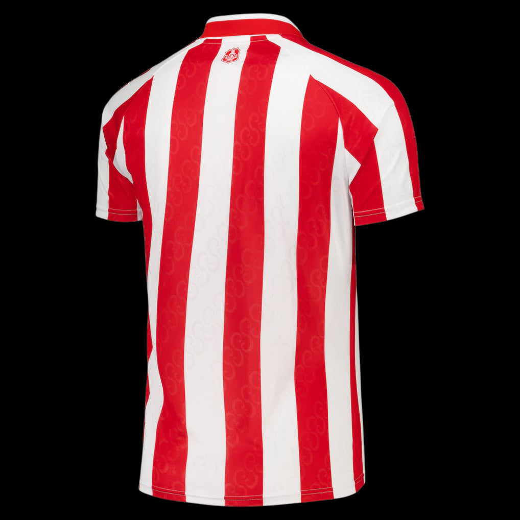 Back view of the Kitted Up Sunderland 2026/2027 adult home football shirt with red and white vertical stripes.