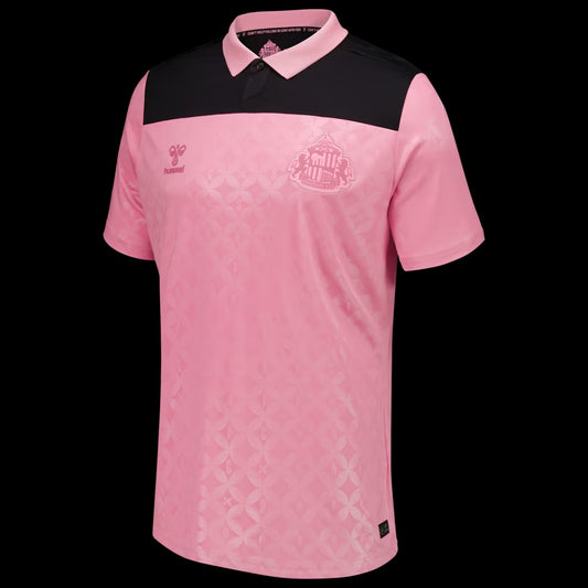 Kitted Up Sunderland 2026/2027 kids away football shirt in pink and black with a polo collar and patterned fabric.