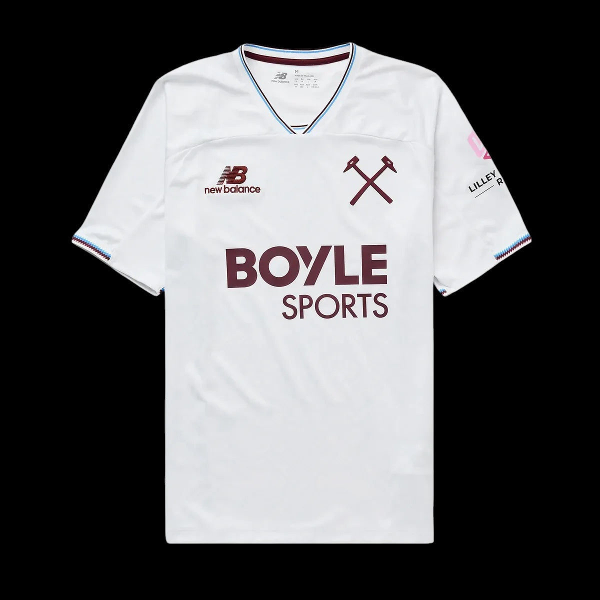 Kitted Up West Ham United 2026/2027 away football jersey in white with claret logos and blue trim details.