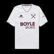Kitted Up West Ham United 2026/2027 away football jersey in white with claret logos and blue trim details.