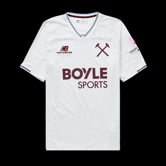 Kitted Up West Ham United 2026/2027 away football jersey in white with claret logos and blue trim details.