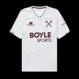 Kitted Up West Ham United 2026/2027 away football jersey in white with claret logos and blue trim details.