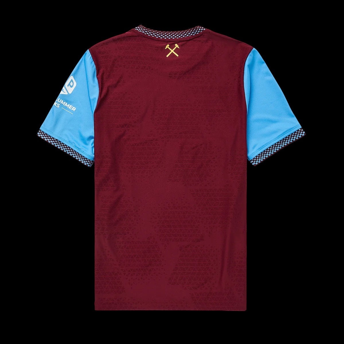 Back view of Kitted Up West Ham United 2026/2027 home jersey in claret with light blue sleeves and patterned trim.
