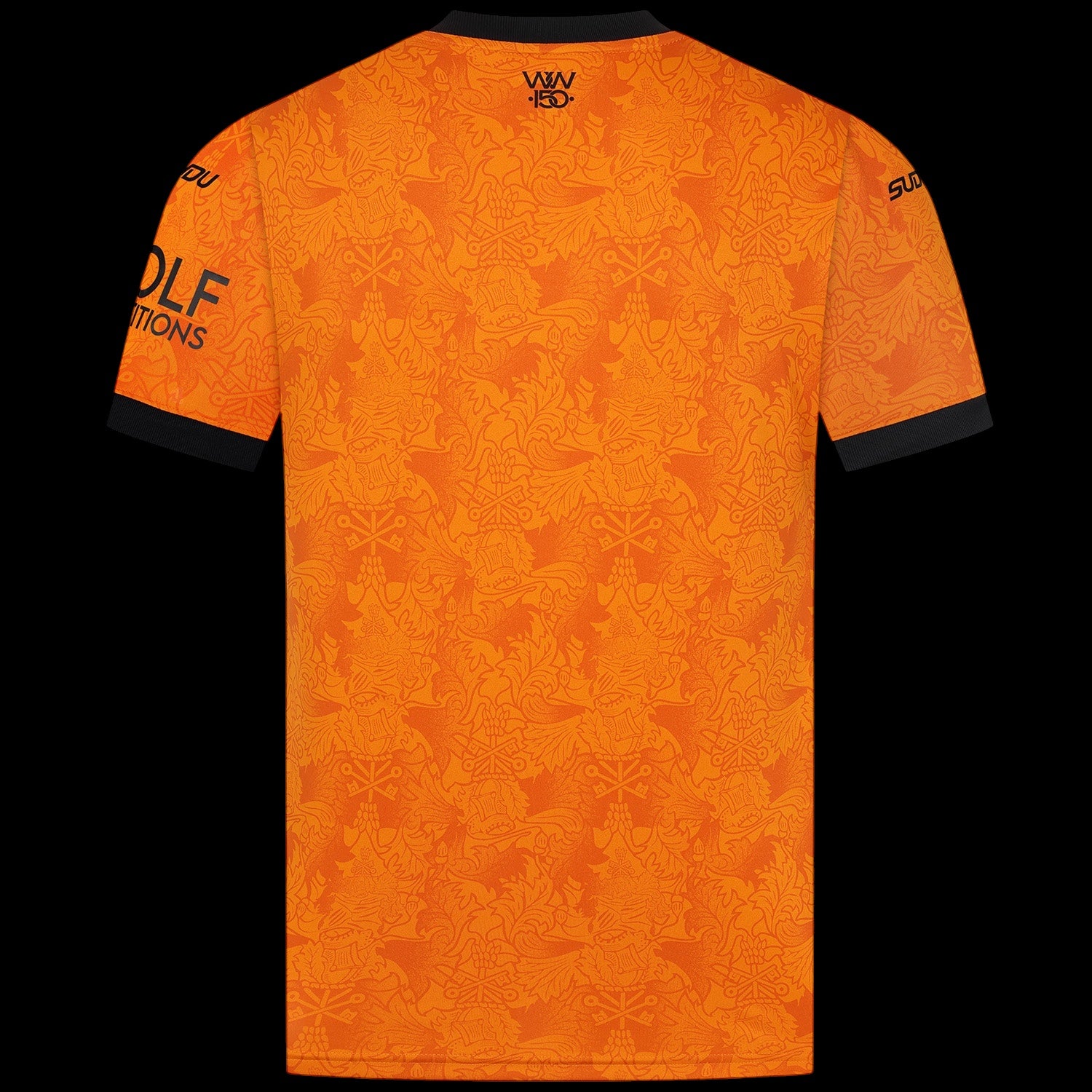 Back view of Kitted Up Wolverhampton Wanderers F.C 2026/2027 kids home jersey in orange with black trim and patterns.