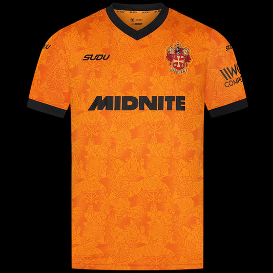 Kitted Up Wolverhampton Wanderers F.C 2026/2027 kids home jersey in orange with black trim and club crest.
