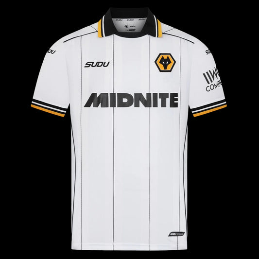 Kitted Up Wolves 2026/2027 away football jersey in white with black pinstripes, polo collar, and team crest.