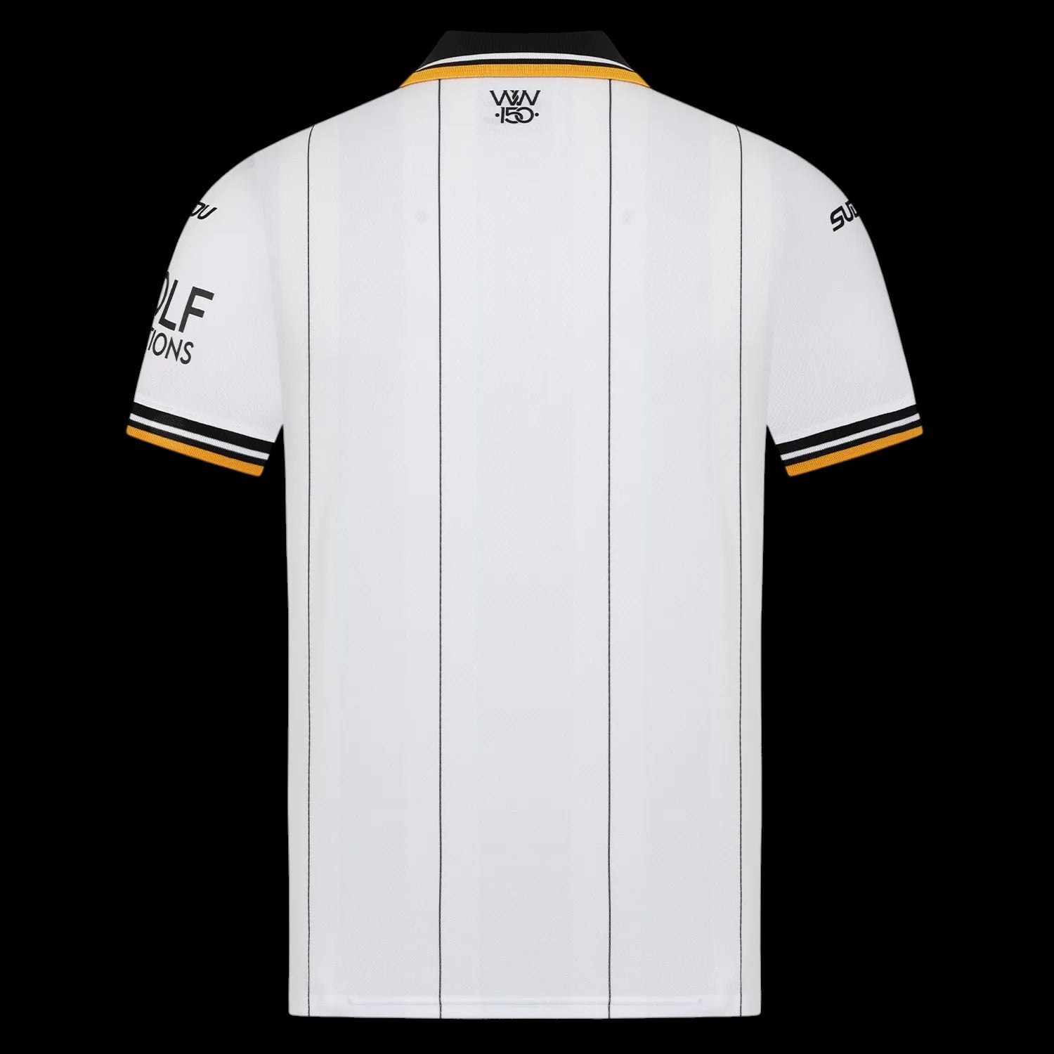 Back view of Kitted Up Wolves 2026/2027 away football jersey in white with black pinstripes and gold trim.
