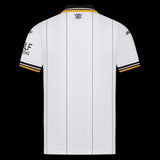 Back view of the Kitted Up Wolves 2026/2027 kids away football jersey in white with black pinstripes and trim.