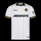 Kitted Up Wolves 2026/2027 kids away football jersey in white with black pinstripes, collar, and gold accents.